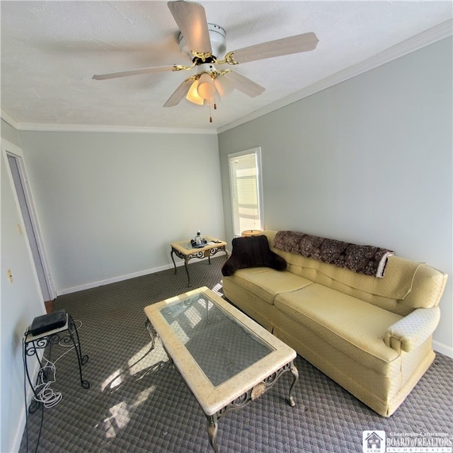 living room with crown molding, carpet, and ceiling fan