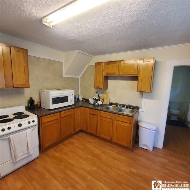 kitchen with sink, crown molding, light wood-type flooring, a textured ceiling, and white appliances