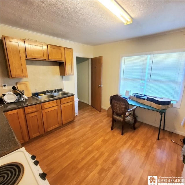 kitchen featuring white range oven, light hardwood / wood-style floors, a textured ceiling, and sink