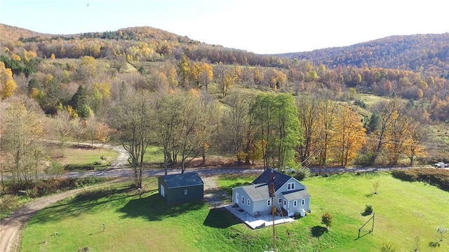 drone / aerial view featuring a mountain view