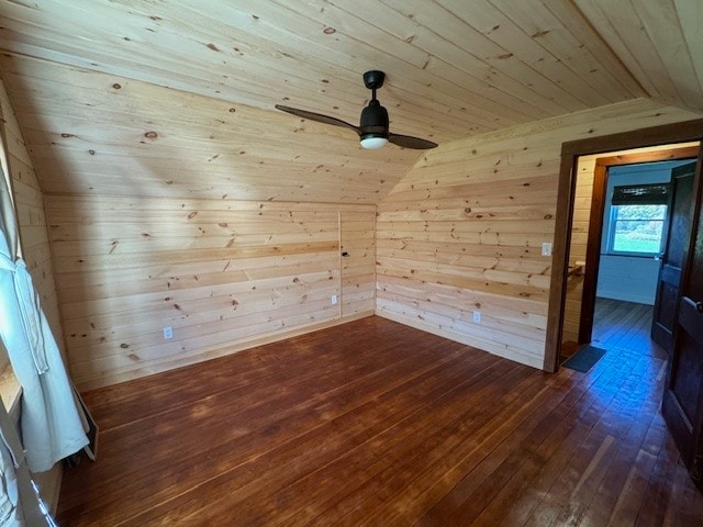 spare room featuring dark hardwood / wood-style flooring, wood ceiling, wooden walls, and vaulted ceiling