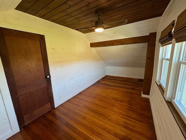 bonus room featuring wooden ceiling, dark hardwood / wood-style flooring, and wooden walls