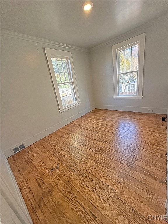 empty room featuring ornamental molding, light hardwood / wood-style flooring, and a healthy amount of sunlight