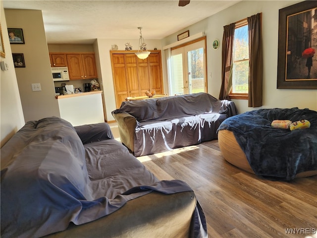 living room featuring french doors, hardwood / wood-style flooring, and a textured ceiling