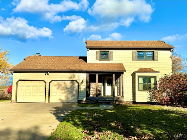 view of front of home with a front yard and a garage