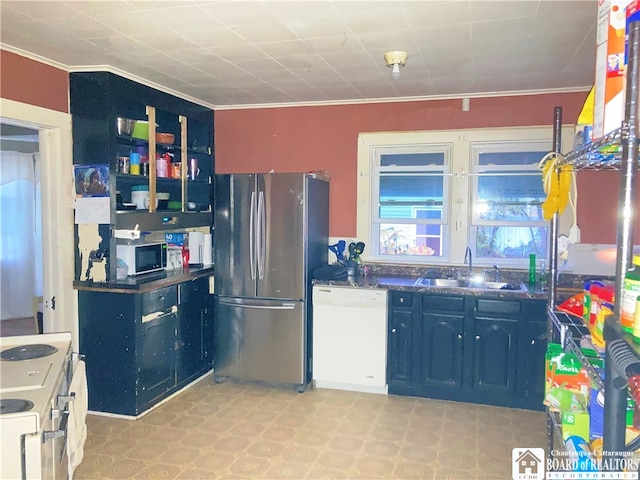 kitchen featuring ornamental molding, sink, and white appliances