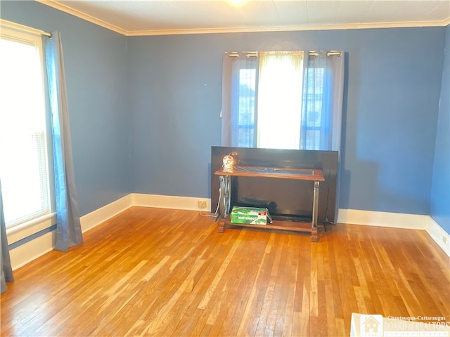 empty room with crown molding and wood-type flooring