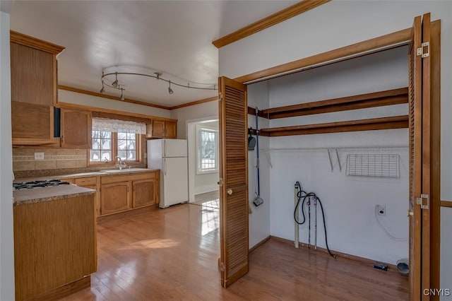 kitchen featuring backsplash, ornamental molding, sink, white refrigerator, and light hardwood / wood-style floors