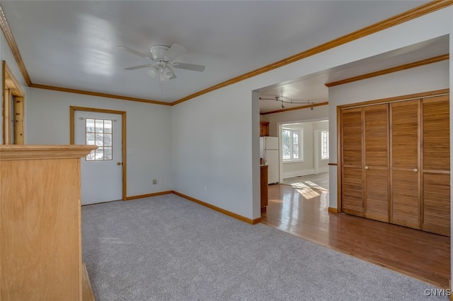 interior space featuring crown molding, light hardwood / wood-style floors, and ceiling fan