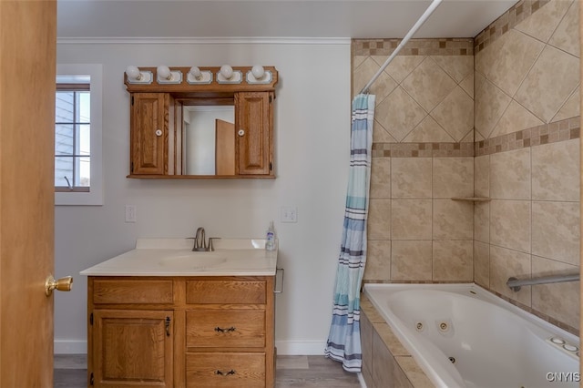 bathroom with shower / bath combination with curtain, vanity, and hardwood / wood-style floors