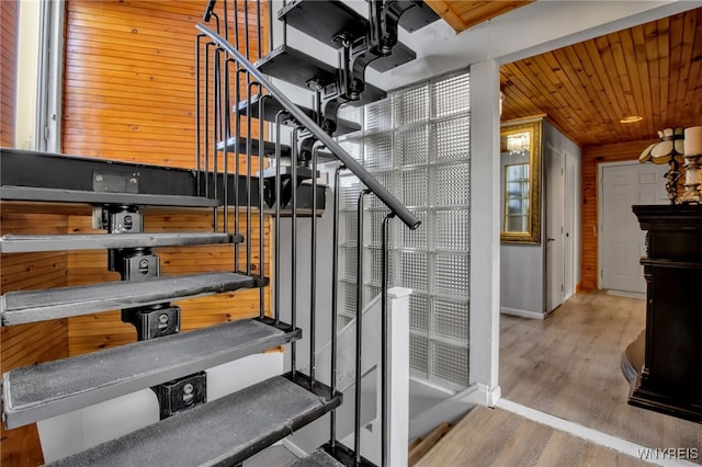 stairs featuring wood ceiling, wooden walls, and wood-type flooring