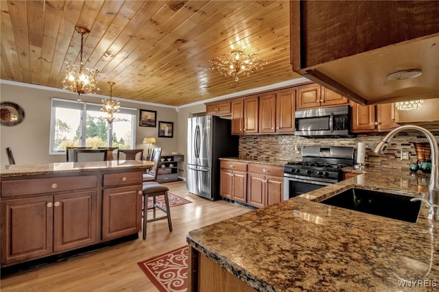 kitchen featuring hanging light fixtures, sink, a kitchen bar, appliances with stainless steel finishes, and light hardwood / wood-style floors