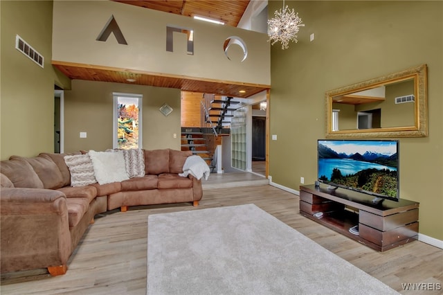 living room with a chandelier, wood ceiling, light wood-type flooring, and high vaulted ceiling