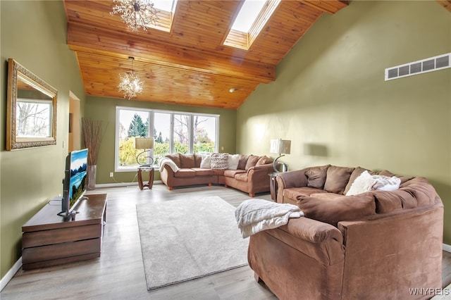 living room featuring an inviting chandelier, wood ceiling, light hardwood / wood-style floors, and a skylight