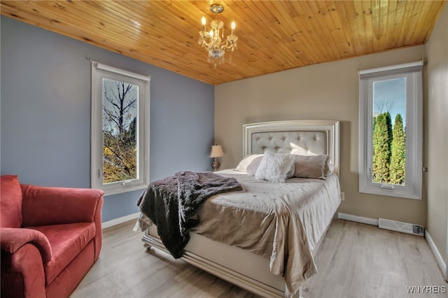 bedroom with multiple windows, a chandelier, wooden ceiling, and light wood-type flooring