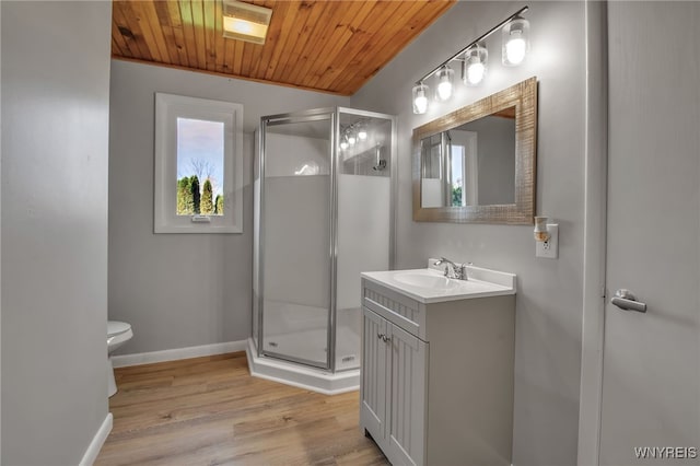 bathroom featuring toilet, a shower with shower door, wood-type flooring, wooden ceiling, and vanity