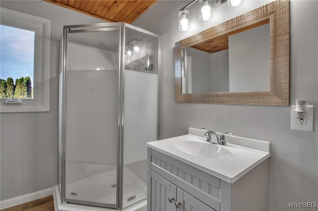 bathroom featuring vanity, an enclosed shower, wood ceiling, and vaulted ceiling