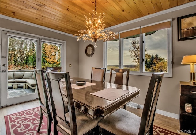 dining room featuring light hardwood / wood-style floors, wood ceiling, ornamental molding, and an inviting chandelier