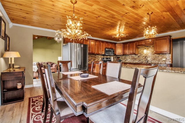 dining space with an inviting chandelier, wood ceiling, ornamental molding, and light wood-type flooring