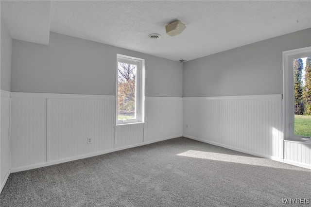 empty room with carpet and a textured ceiling