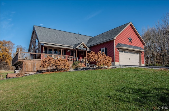 view of front facade with covered porch, a front lawn, and a garage