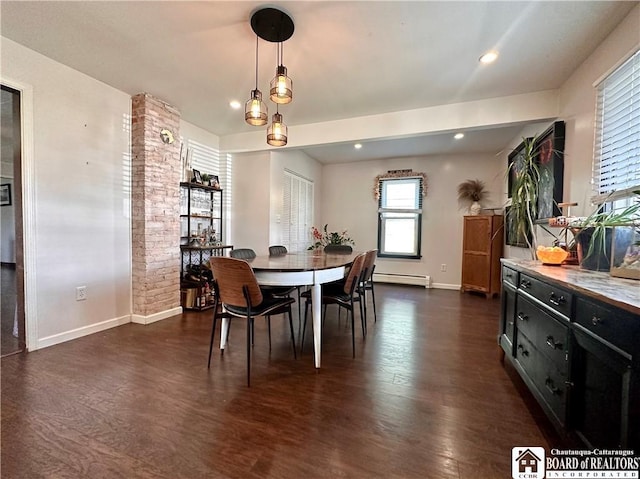311 Nevins St, Dunkirk-City, NY 14048 - dining area with baseboards, dark wood-type flooring, a baseboard heating unit, and recessed lighting