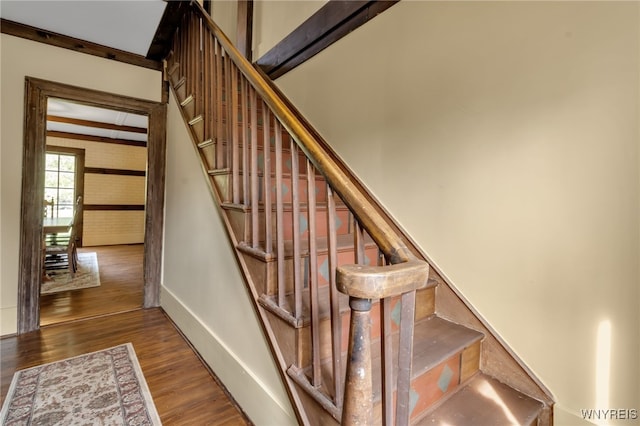 stairway with ornamental molding and hardwood / wood-style flooring