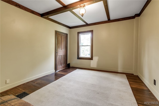 empty room with dark wood-type flooring and beamed ceiling