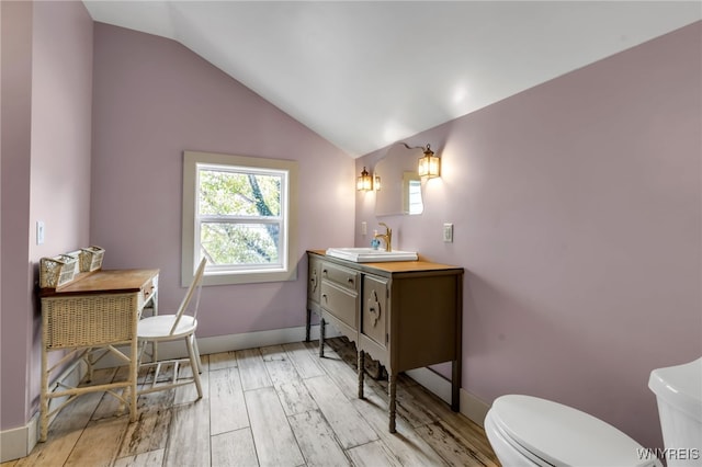 bathroom with vanity, lofted ceiling, hardwood / wood-style flooring, and toilet