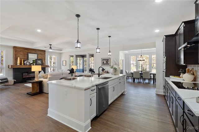 kitchen featuring a large fireplace, a healthy amount of sunlight, dishwasher, and black electric cooktop