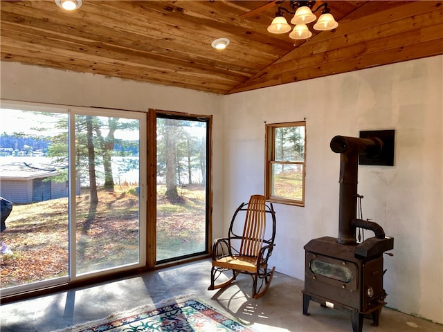 interior space with vaulted ceiling, a wood stove, and a wealth of natural light