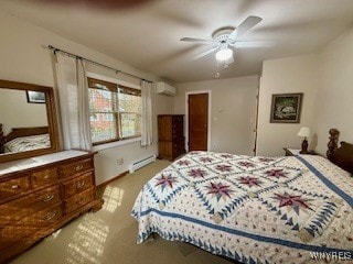 carpeted bedroom featuring ceiling fan, an AC wall unit, and a baseboard radiator