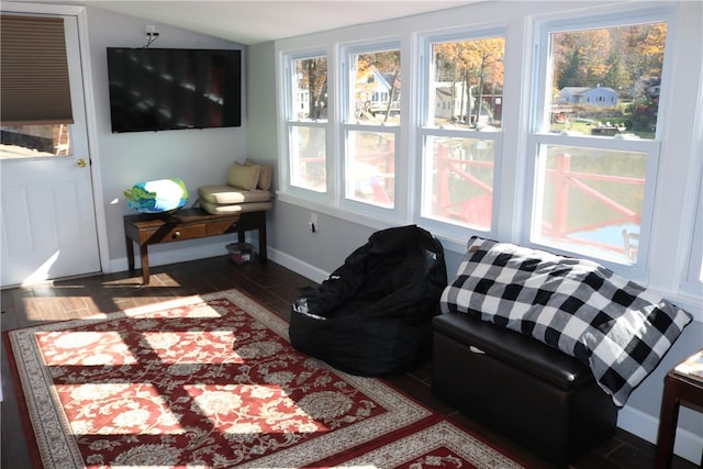 living room with dark wood-type flooring and plenty of natural light