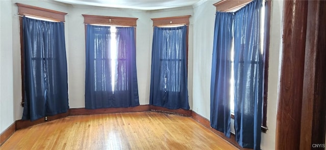 spare room featuring light wood-type flooring and ornamental molding