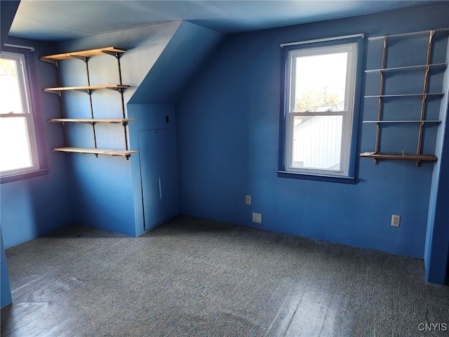 additional living space featuring vaulted ceiling and carpet flooring