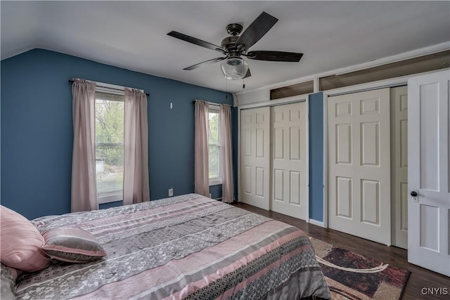 bedroom featuring wood finished floors, ceiling fan, two closets, and vaulted ceiling