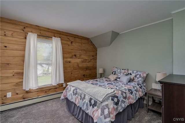 bedroom with carpet floors, wooden walls, vaulted ceiling, and a baseboard radiator