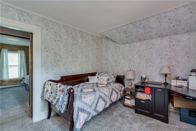 bedroom featuring carpet and ornamental molding