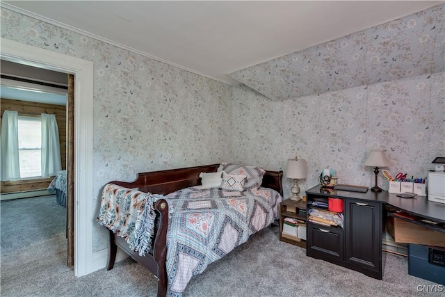bedroom featuring carpet flooring, wallpapered walls, and crown molding