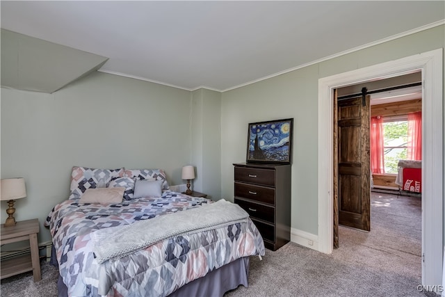 bedroom featuring light carpet, crown molding, and a barn door