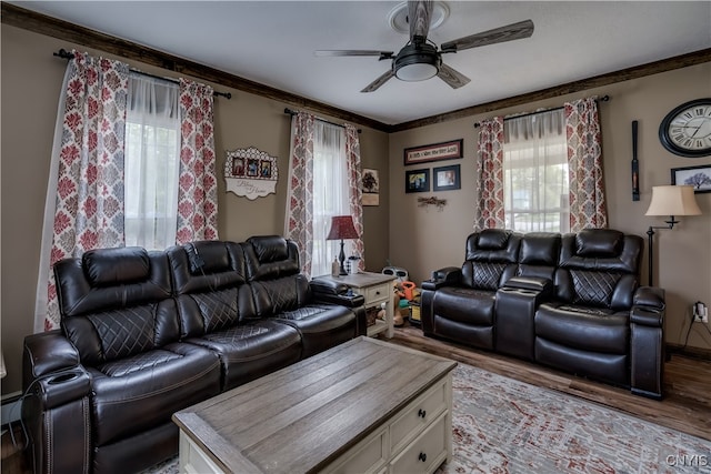 living room with ornamental molding, ceiling fan, plenty of natural light, and light wood-type flooring