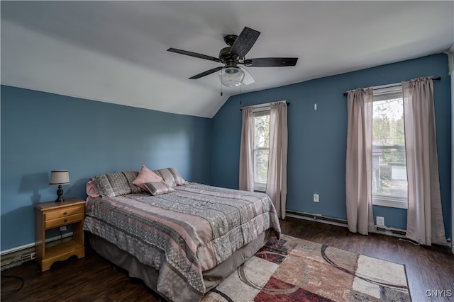 bedroom featuring lofted ceiling, ceiling fan, multiple windows, and dark hardwood / wood-style flooring