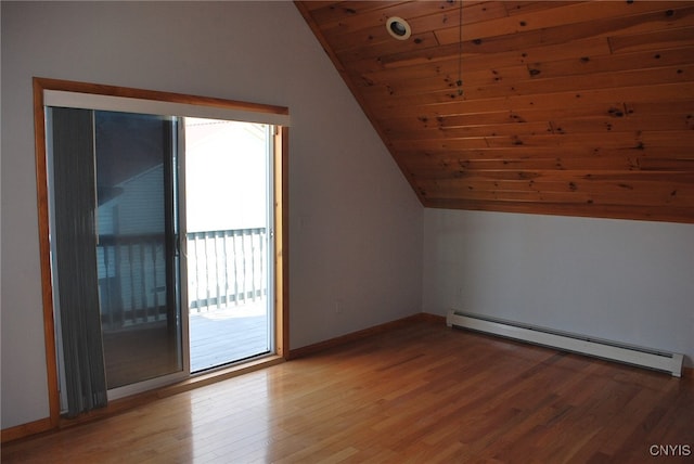 bonus room with light hardwood / wood-style floors, lofted ceiling, baseboard heating, and wood ceiling