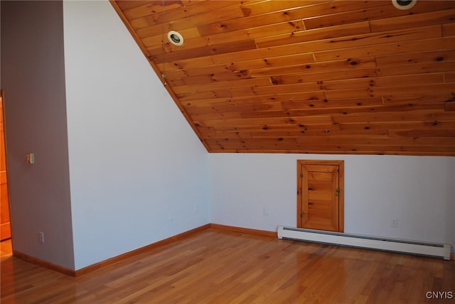 bonus room with hardwood / wood-style flooring, wooden ceiling, lofted ceiling, and baseboard heating