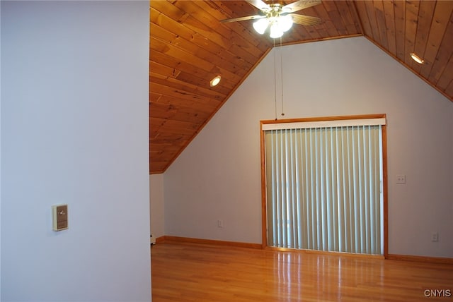 bonus room featuring light hardwood / wood-style flooring, wood ceiling, lofted ceiling, and ceiling fan