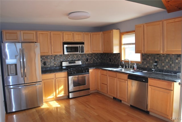 kitchen featuring decorative backsplash, stainless steel appliances, sink, and light wood-type flooring