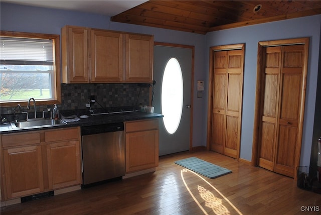 kitchen featuring decorative backsplash, wood ceiling, sink, stainless steel dishwasher, and dark hardwood / wood-style flooring