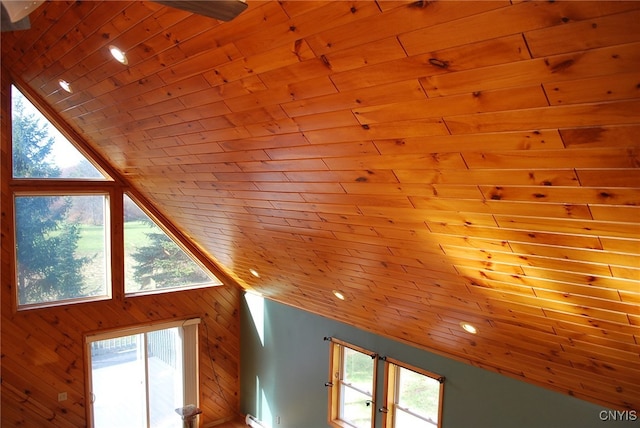 details featuring wood walls and wooden ceiling