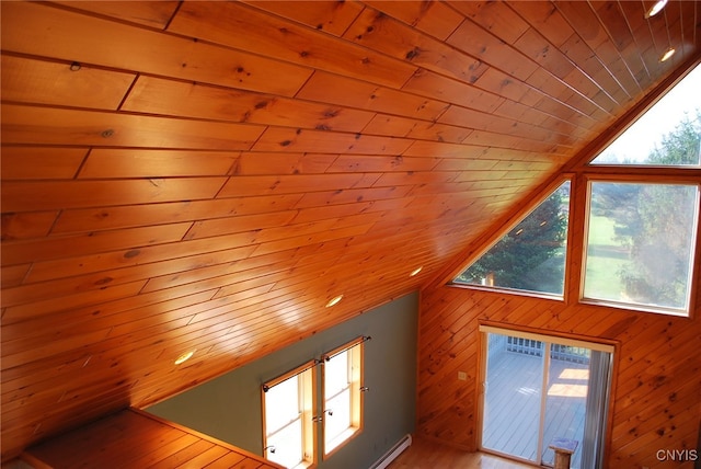 bonus room featuring wood ceiling, vaulted ceiling, wooden walls, and hardwood / wood-style floors