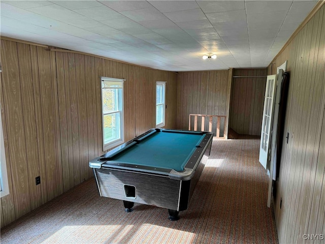 playroom with wooden walls, carpet floors, and billiards